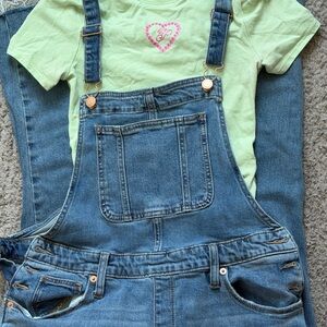 Universal Thread Blue Denim Overalls with Mint Green Tee